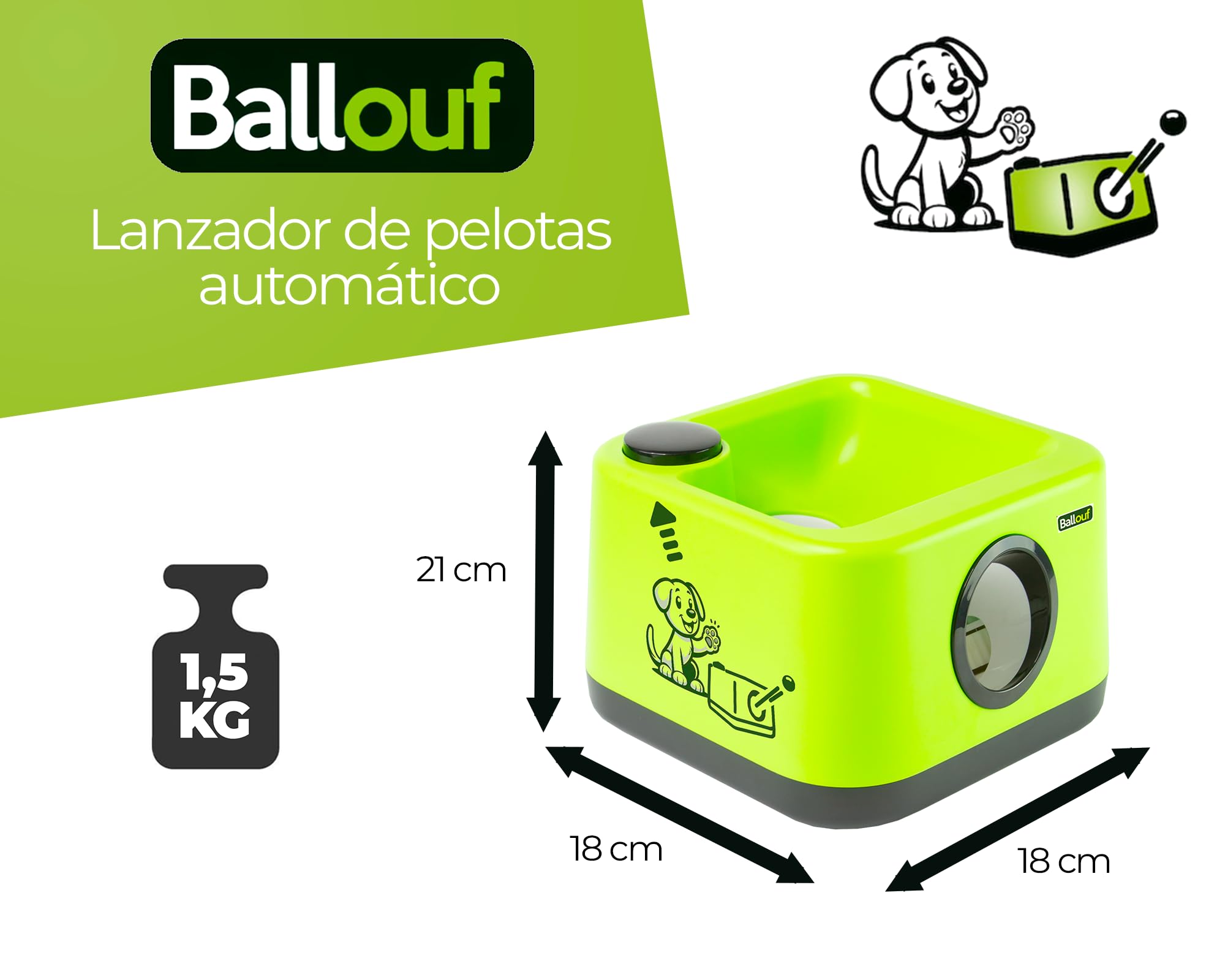 Climsom Ballouf – Lanzador Automático Inteligente de Pelotas para Perros | Modo Automático y Educativo/Manual | Sonido Realista de Ladrido | Distancias Ajustables | Batería Recargable | Modo Automático y Educativo/Manual, Sonido de Ladrido Realista, Dista
