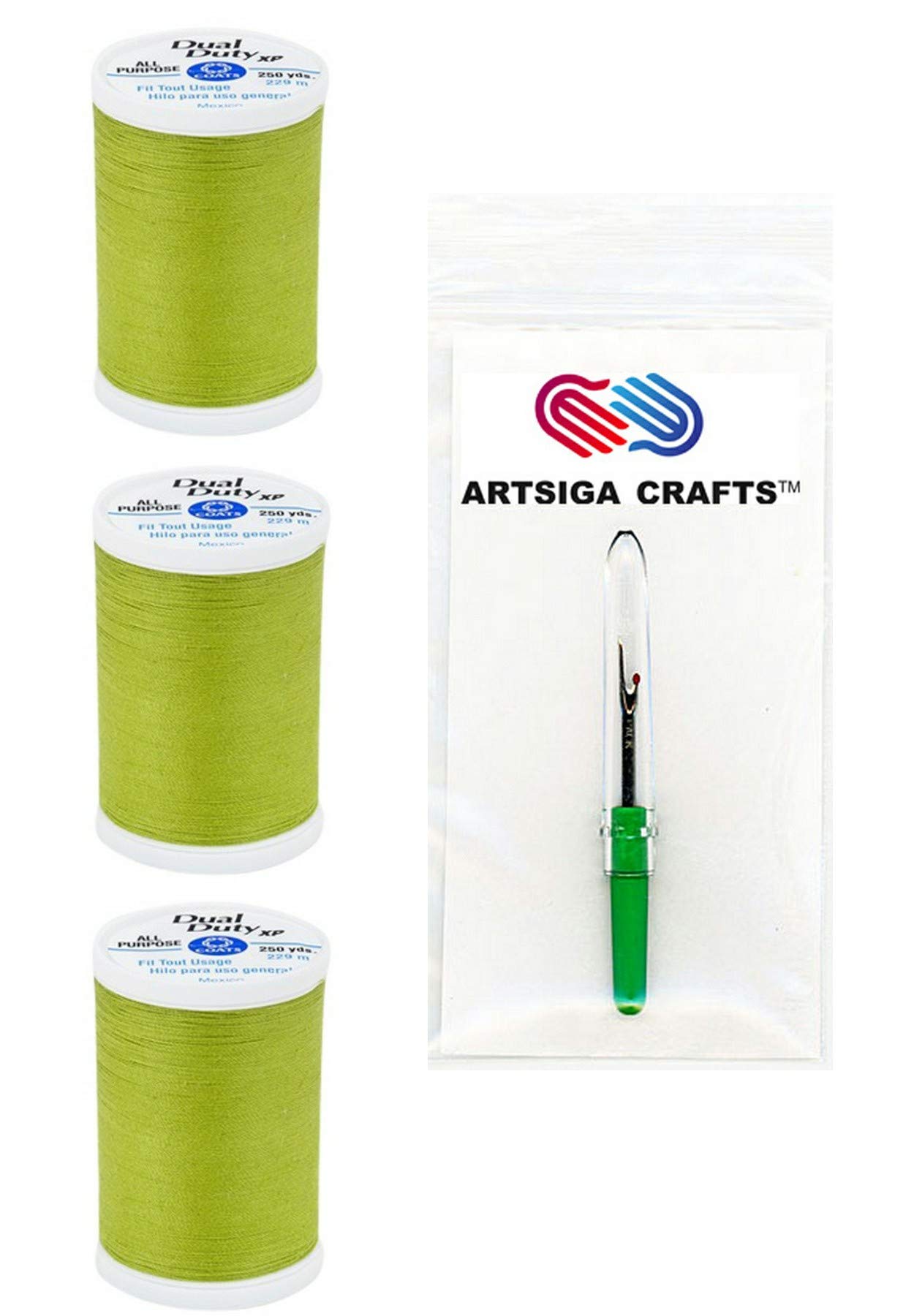 Coats & ClarkDual Duty XP General Purpose Poly Thread 250 Yds (3-Pack) New Leaf Bundle with 1 Artsiga Crafts Seam Ripper S910-6280-3P