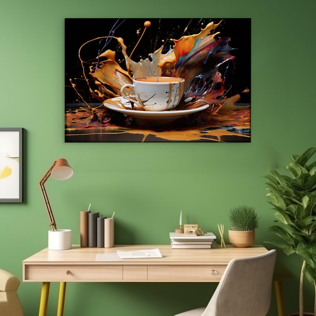Canvas for Living room. Art in a Cup: The Vibrant Fusion of Coffee and Paint Against Darkness, 27 x 18 inch Canvas Wall Art - Abstract By Atmosphere - Modern Home Decor
