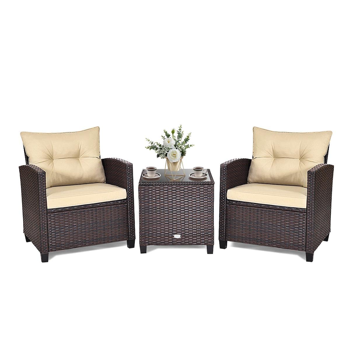 KOMFOTTEU Mobili da balcone, set da giardino in rattan con tavolino e 2 sedie, tavolo da balcone con piano in vetro, set da 3 mobili da giardino per terrazza, balcone (marrone e giallo terra)