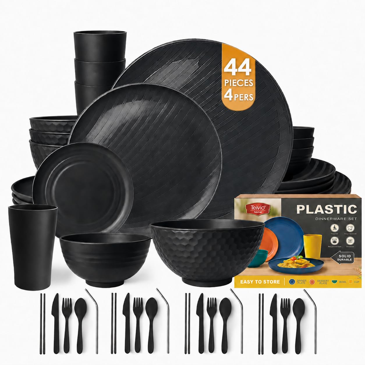 Teivio 44-Piece Kitchen Reusable Plastic Round Dinner Set for 4, Dinner Plate, Dessert Plate, Cereal Bowl, Sauce Cups, Cup, Unbreakable Plastic Plate and Bowl Set, Outdoor Camping Dishes, Black