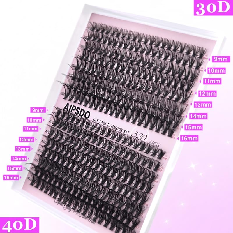 Aipsdo Cluster Lashes Kit 320PCS Individual Eyelashes Lash Clusters Eyelash Extension Set Eyelash Curler Eyelash Extension Set 3040D (Set 30D/40D-9-16Mix) - Image 2