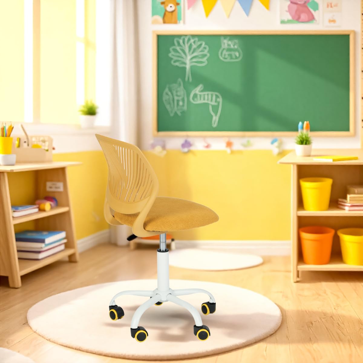 FurnitureR Kompakter Klassenstuhl, ergonomischer Sitz für Schule, Rückenlehne aus atmungsaktivem Netzgewebe, höhenverstellbar, Zeichenzimmerstuhl für Kinder, leicht zu bewegen, 360 °, Gelb
