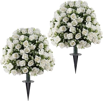 2 Pack Artificial Rose Flowers Topiary Ball Trees with Ground Spike,24 Inch UV Resistant Faux Greenery Shrubs Bushes,Outdoor Fake Plants for Porch,Yard,Patio,Garden,Wedding Decor White