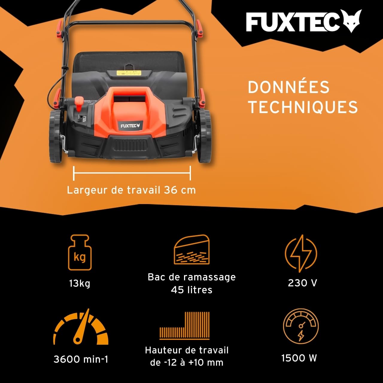 FUXTEC Scarificateur électrique FX-EV360, aérateur de gazon avec 1500 watts de puissance, largeur de travail 36 cm et réglage de la profondeur sur 5 niveaux, bac de ramassage 45 L