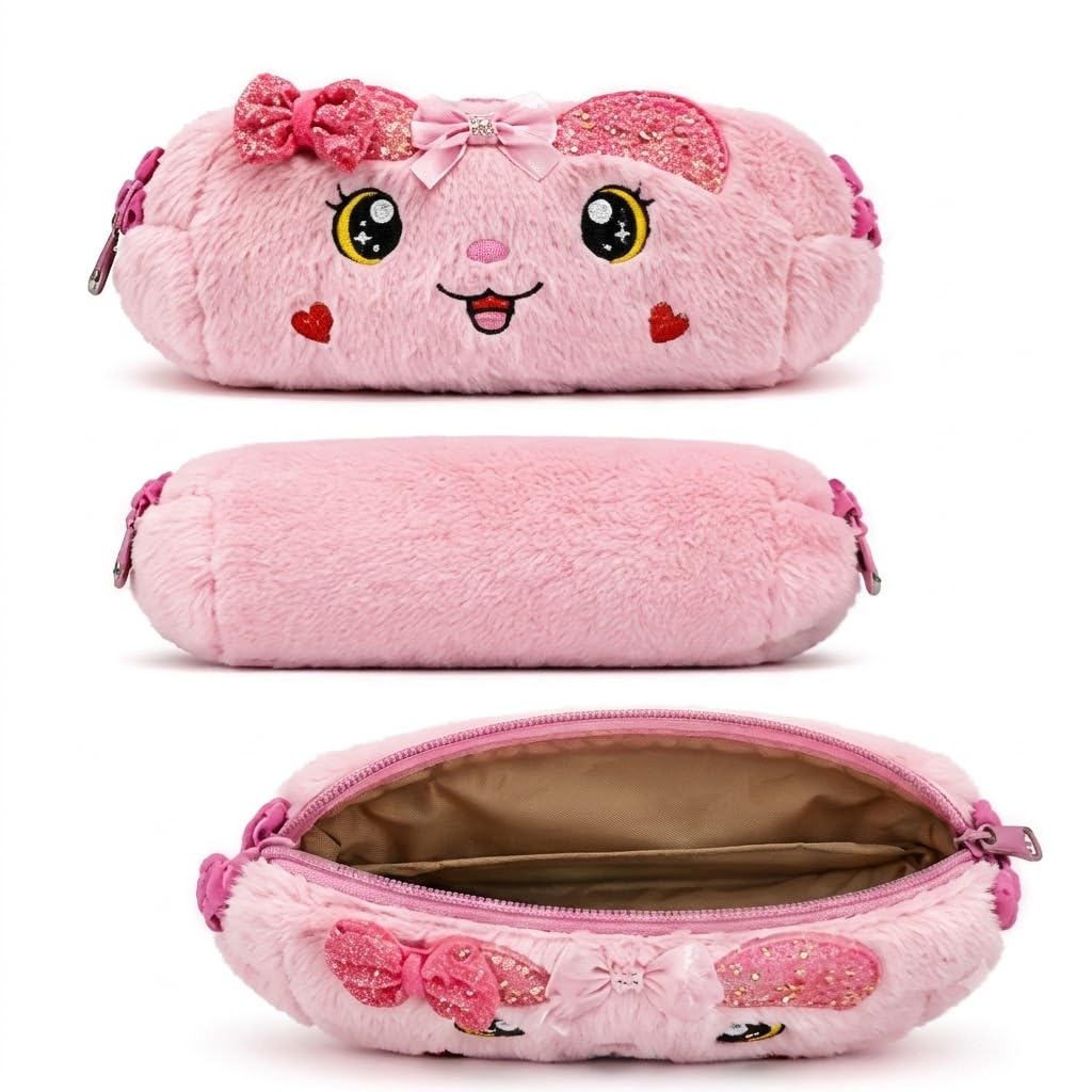 M-Alive Cute Plush Pencil Case for Girls | Large Capacity Soft Fur Zipper Pouch | Kawaii Cartoon Stationery Organizer for School & Makeup | Soft Plush Pink with Glitter Bow-image-36