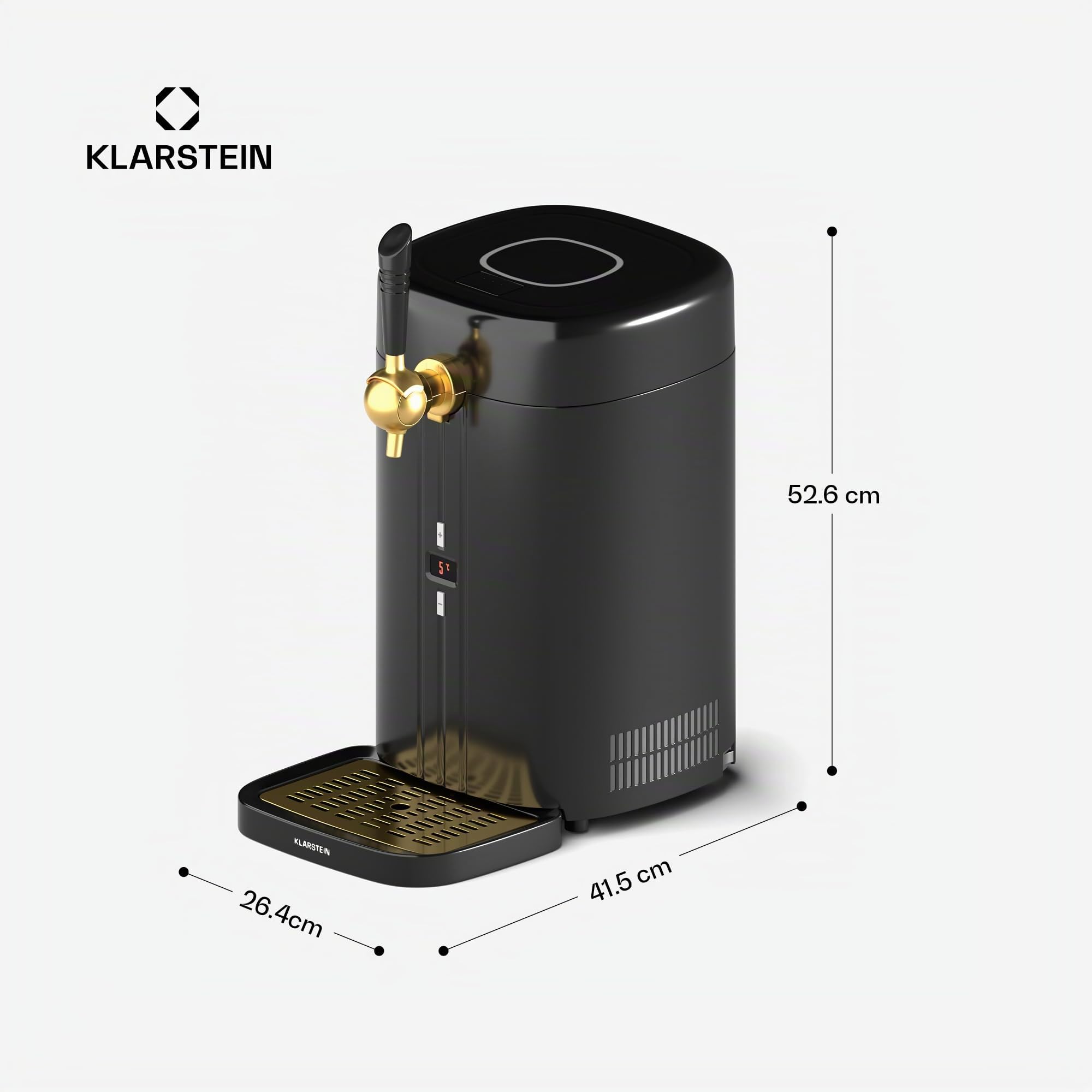 Klarstein FrostBrew Dispensador de Cerveza 5L - Sistema de Presión de CO₂, Refrigeración Termoeléctrica, Control de Temperatura 3-12°C, Barril Universal, Negro/Dorado