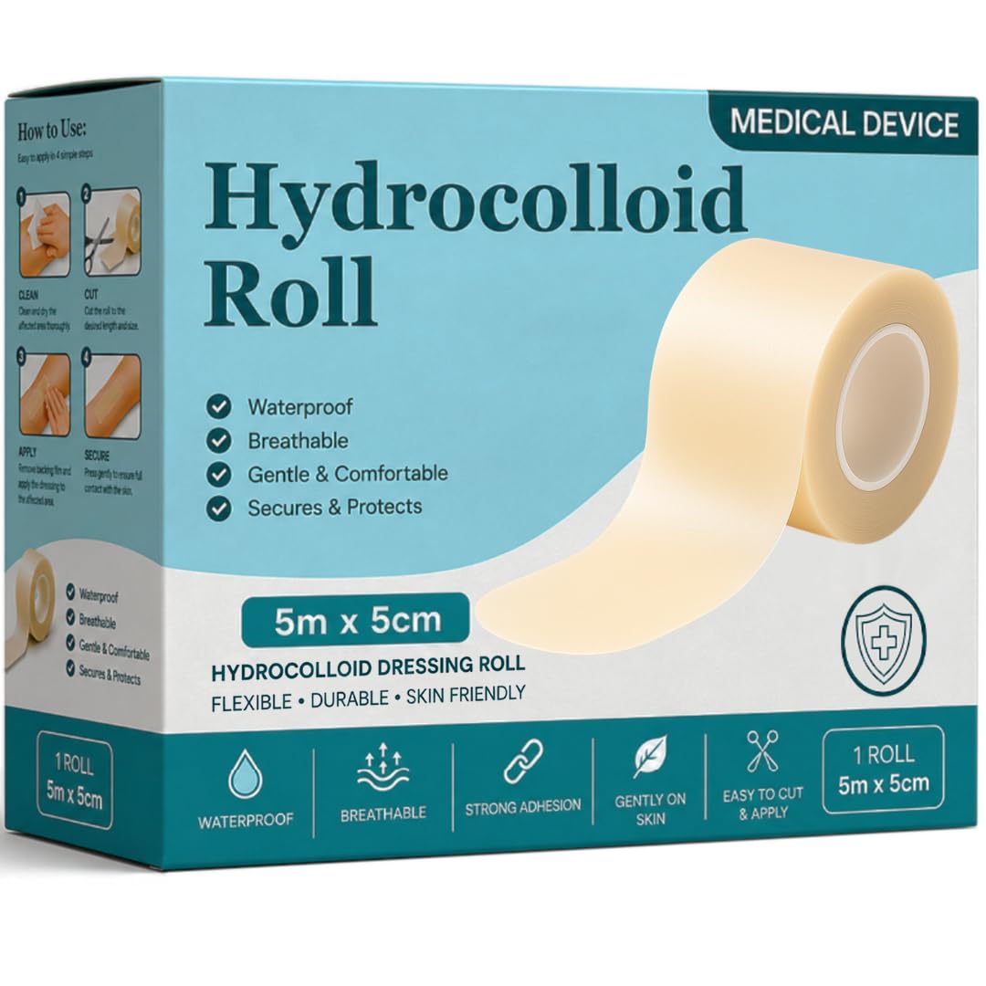 Rouleau de pansement hydrocolloïde 5 cm x 5 m – Ruban adhésif imperméable à découper – Patch de bandage flexible et doux pour la peau pour ampoules, acné, plaies mineures – Autocollant et sans latex