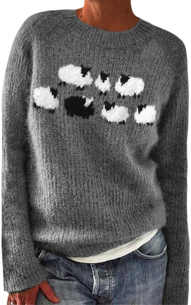 Fair Isle Sweater for Women Long Sleeve Sheep Sweater Casual Crewneck Chunky Pullover Knit Tops Early Fall Fashion