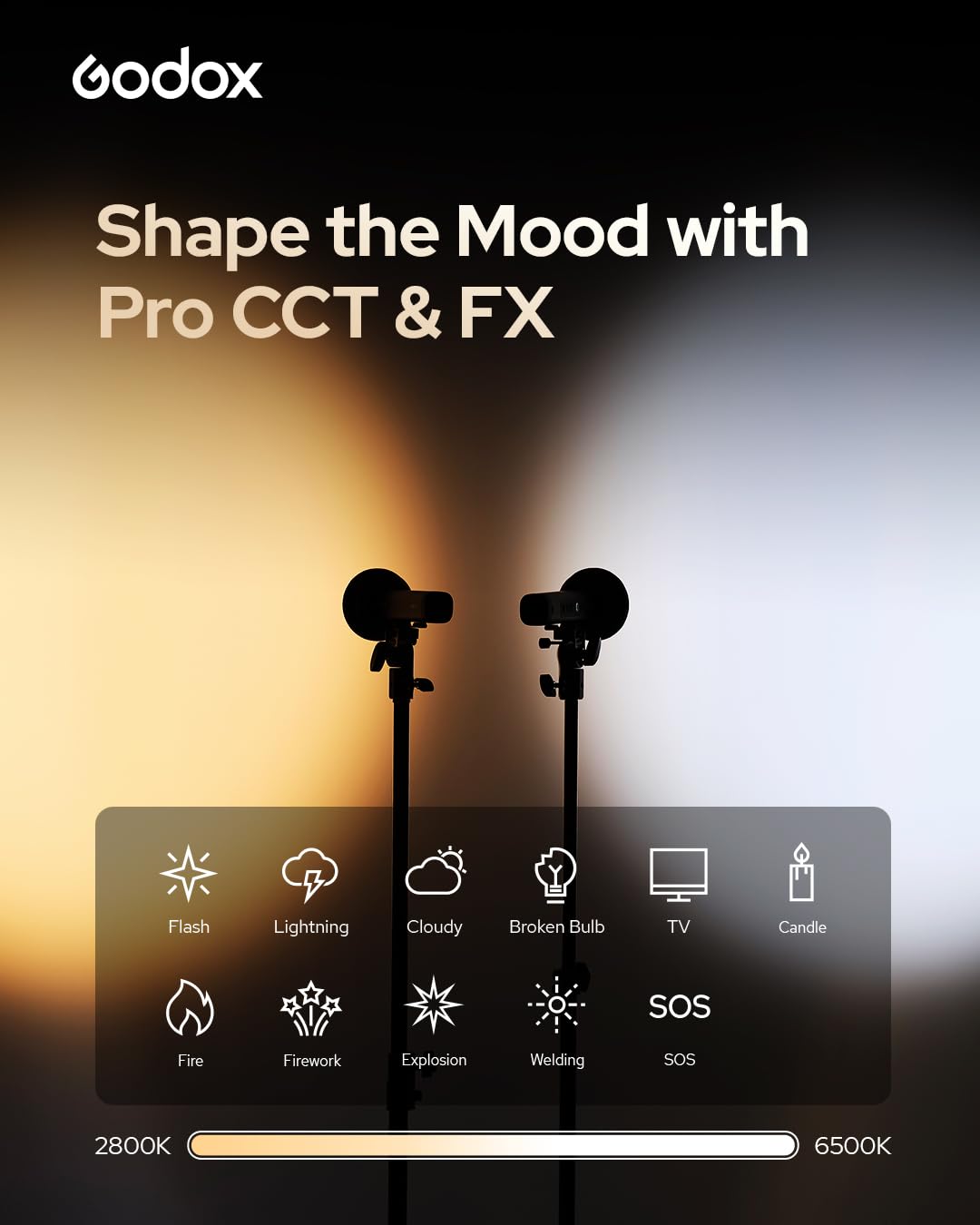 Godox FL15Bi Luce Video LED Bicolore Portatile, 2800K-6500K, 25600 Lux @0.5m, CRI 97 TLCI 98, Batteria Integrata 4750mAh, USB-C, 11 Effetti FX, Controllo App, IP54 per Video Ritratto Content Creation
