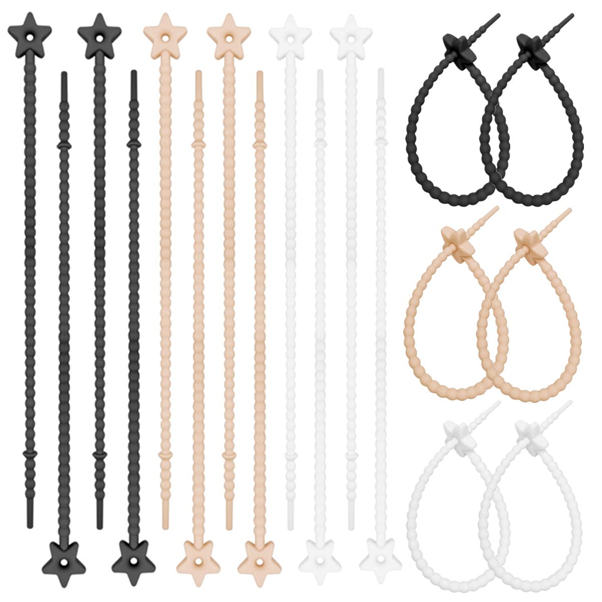 Morices 18 Pcs Silicone Cable Ties, Reusable Twist Zip Ties Management Organizer for Fastening Cords, Multi-Purpose Bag Clips Bread Tie Household Snake Ties Electronics Wire Ties (Black/White/Coffee)