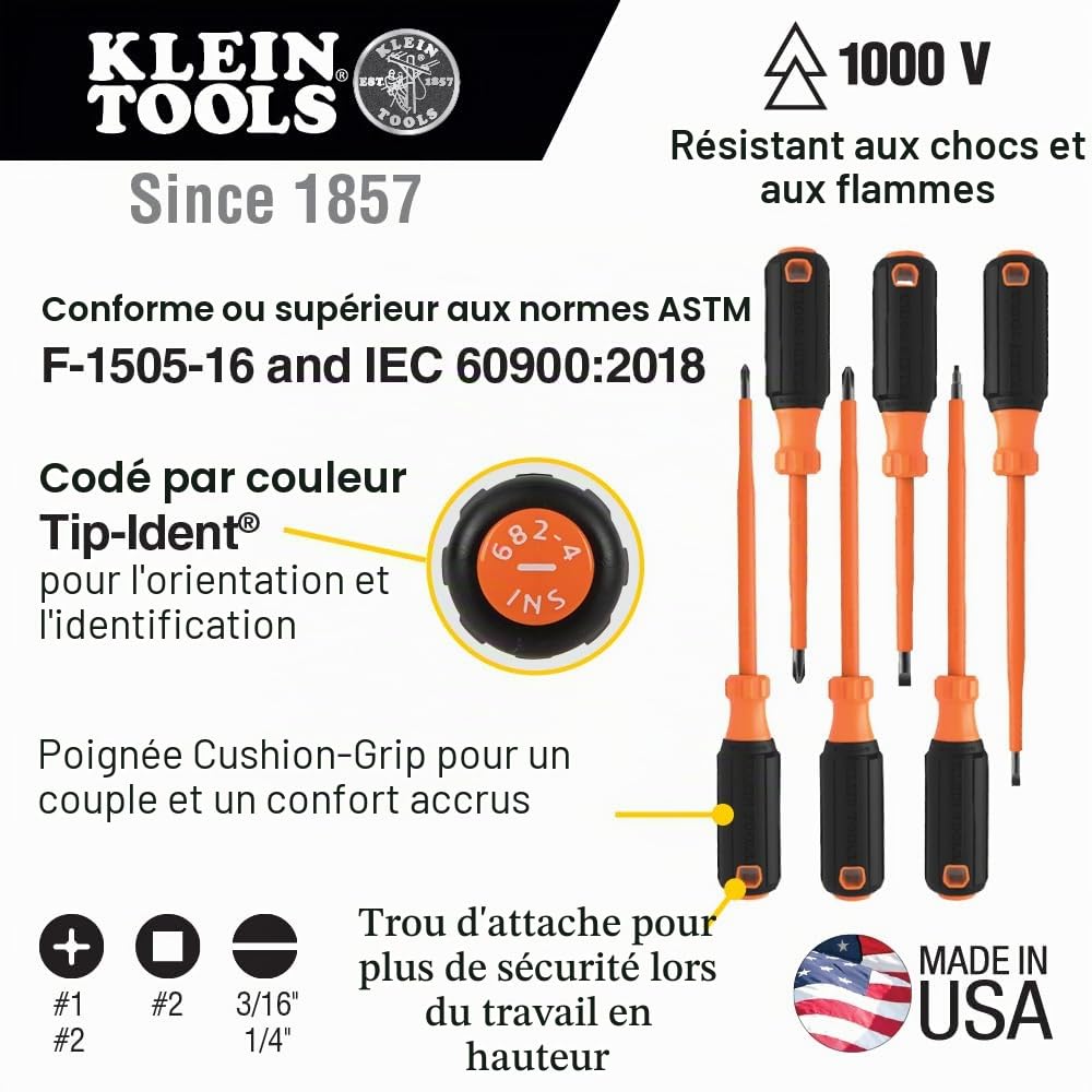 Klein Tools 85076INS | Jeu De Tournevis Isole VDE | 6 Pieces | Isolation 1000 V IEC 60900 | Fabrique Aux USA