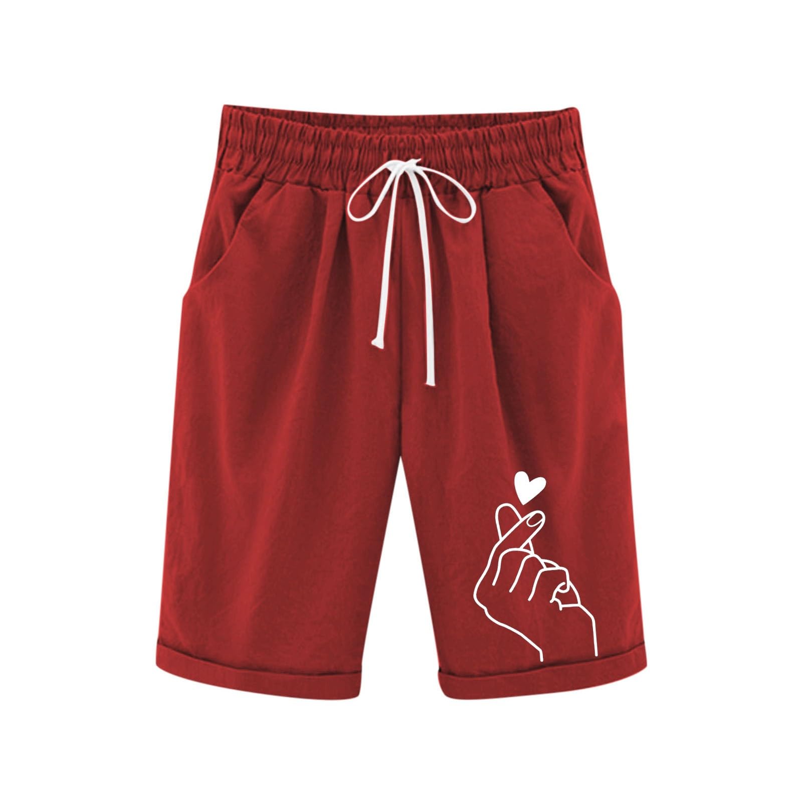 Generisch Leinenhose Kurze Mädchen Leicht Shorts Sommer Freizeit Hose Baumwolle Leinen Strandshorts Elastische Taille Sommerhose Elegant Einfarbig Stoffhose mit Taschen Sweatshorts