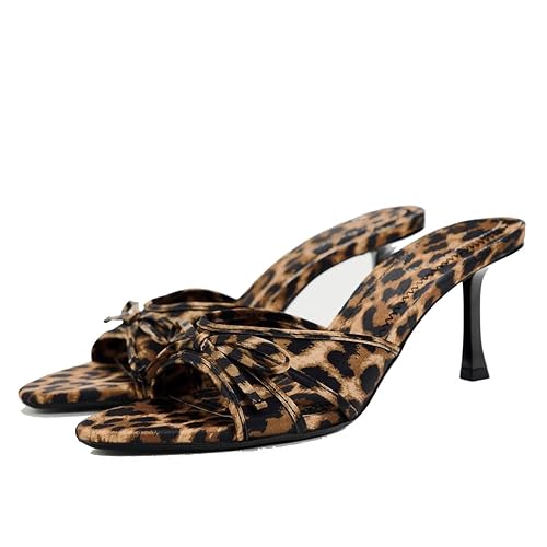 UFEDO Womens Kitten Heels Bow Mesh Sandals Round Open Toe Slip On Low Slide Heeled Sandals - 7.5 - 851 Leopard