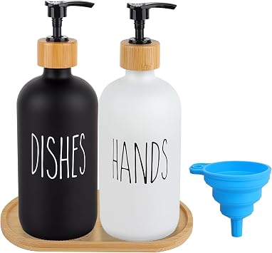 Hand and Dish Soap Dispenser Set 2Pcs Glass Liquid Soap Dispenser Bottles with Pump for Bathroom, Kitchen Sink, 16 oz Black&White