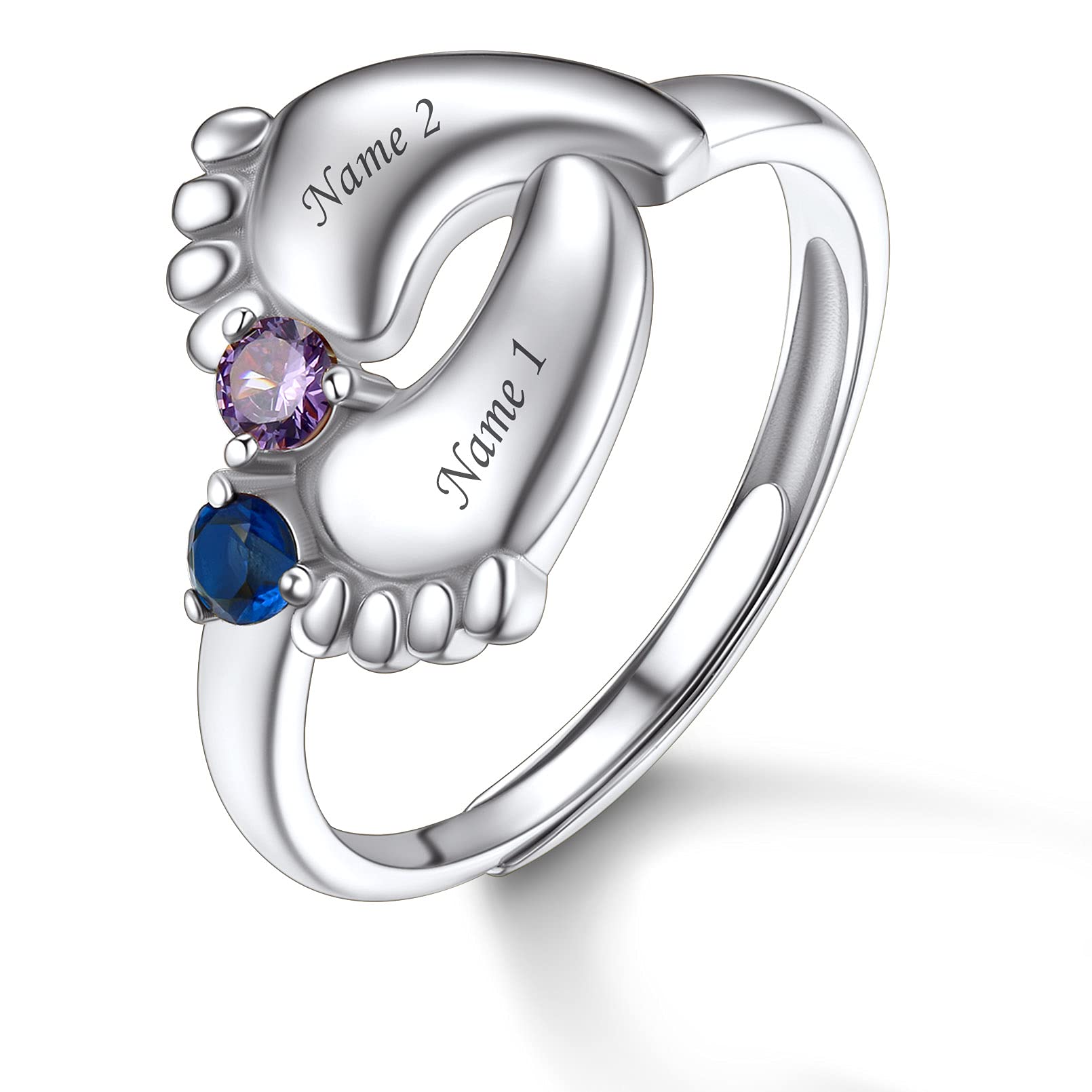 Personalized Birthstones Baby Feet Ring 925 Sterling Silver Open Adjustable Mother's Baby Foot Mame Rings Custom Made Jewelry Newborn Christmas Gifts for Women Mom Grandma