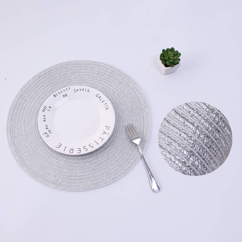 SHACOS Christmas Silver Glitter Round Placemats Set of 6 Sparkle Bling Place Mats Glitz Table Mats for Holiday Home Party Wedding Festive Table Decoration (6, Silver)