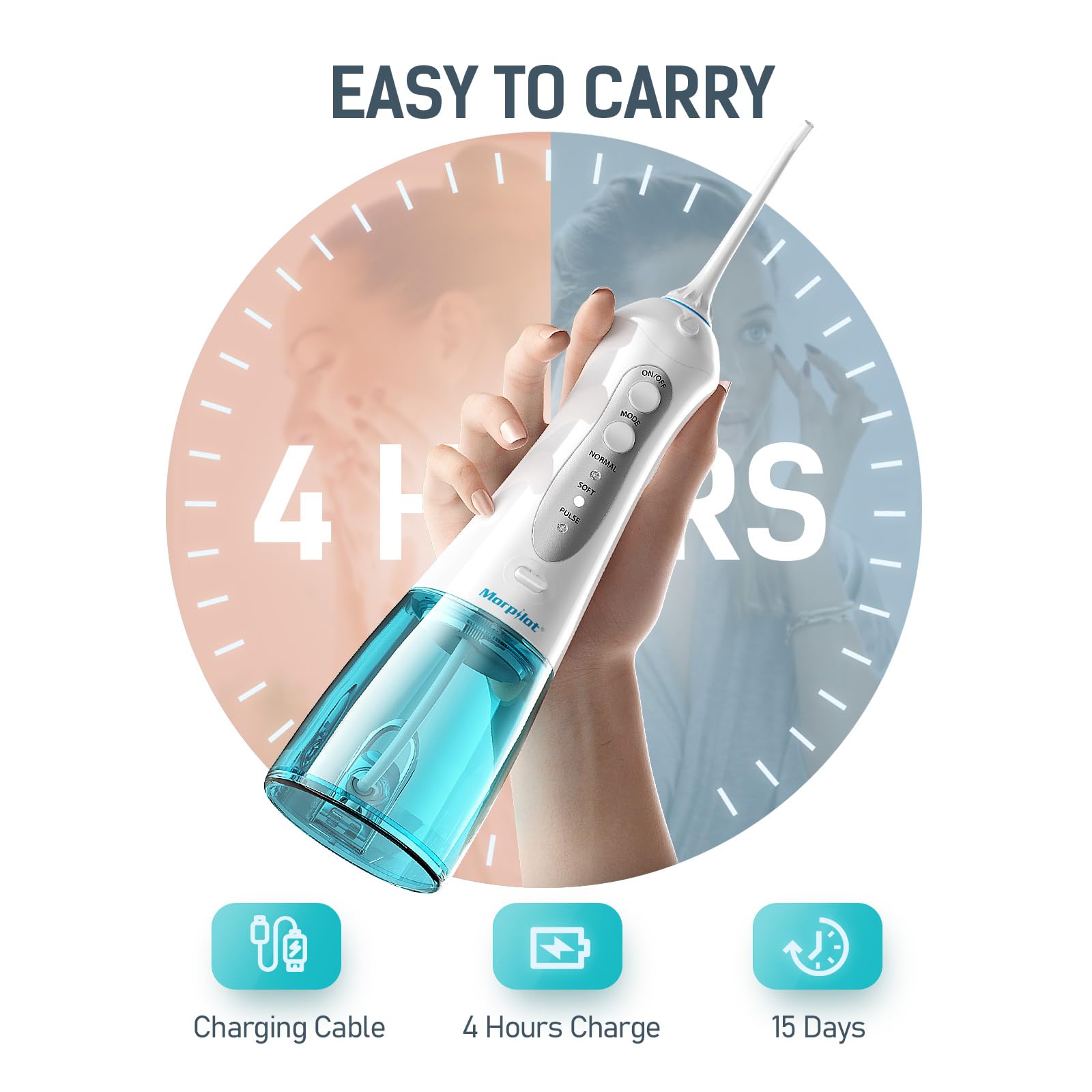 Morpilot Irrigador Bucal Dental Inalámbrico 3 Modos 5 Boquillas IPX7 300ML