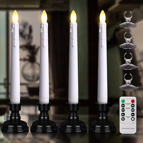 Velas LED sin llama para ventana con temporizador remoto, 7.9 pulgadas, funciona con pilas, llama parpadeante flotante, candelabro extraíble negro y