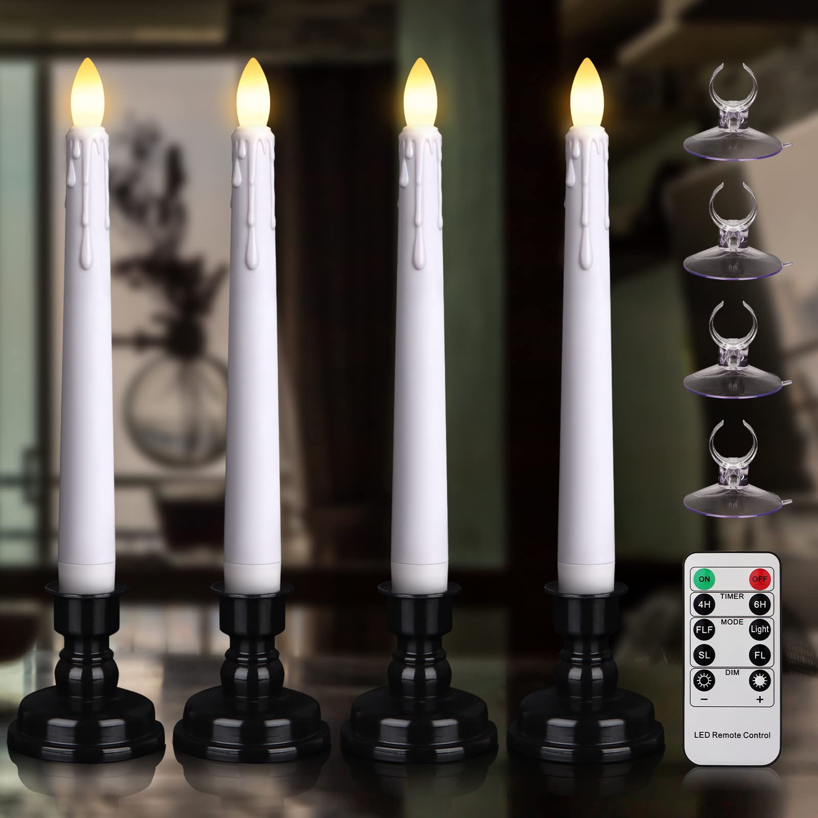 yunsheng Candele LED senza fiamma per finestra, con timer remoto, 20 cm, funzionamento a batteria, fiamma tremolante, nero rimovibile e ventose, decorazione per le vacanze (4 pezzi, bianco)