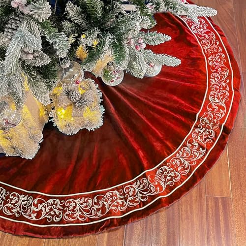 Funacce Christmas Tree Skirt 60 Inch, Red Luxury Velvet Plush Faux Fur Extra Large Skirts With Golden Embroidered Vintage Pattern thumb #3