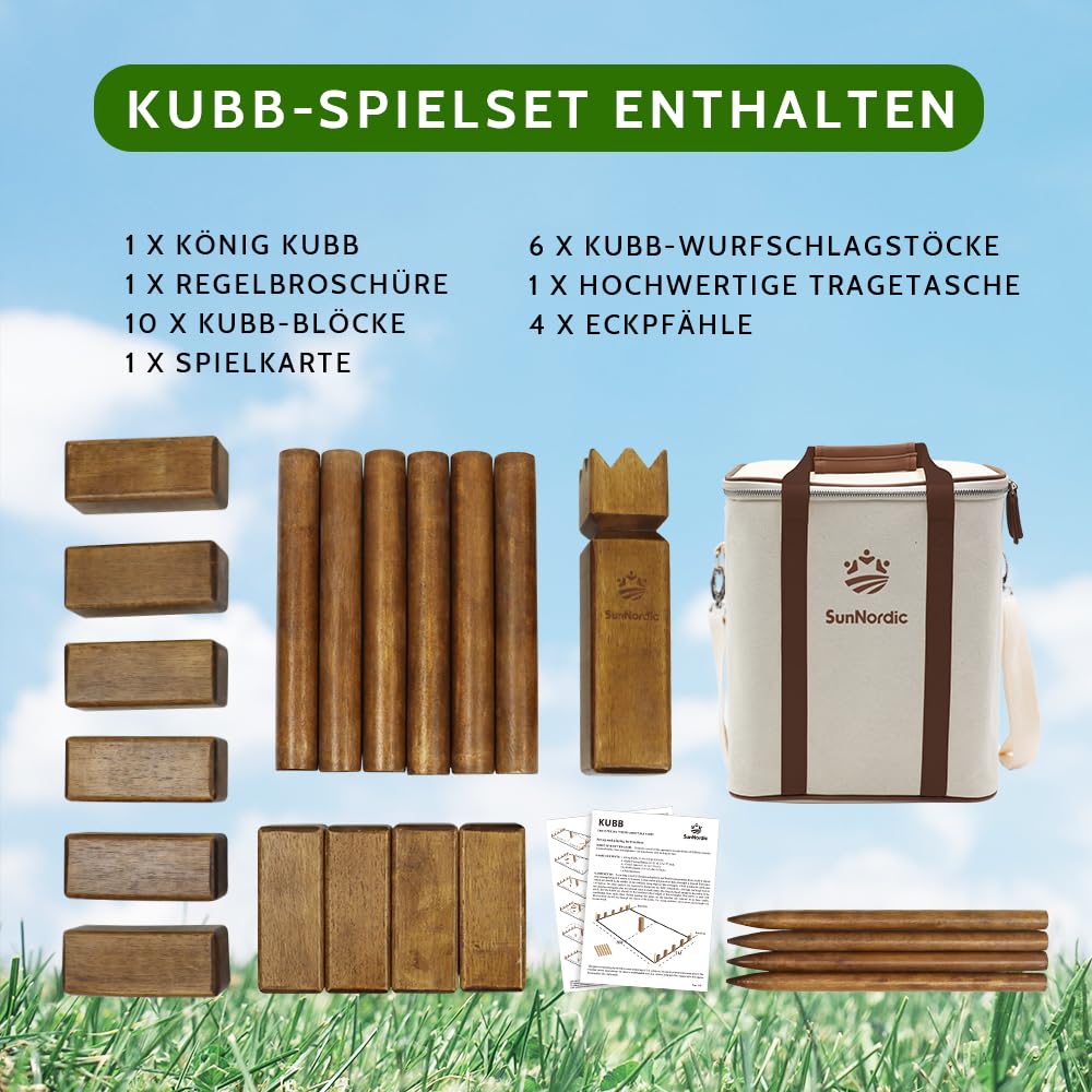 SunNordic Kubb Wikinger Wurfspiel, Schwedisches Schachspiel Aus Hochwertigem Gummibaumholz, Inklusive Tragetasche Aus Segeltuch Und Spielanleitung – Robustes Kubb Yard-Spiel FüR Kinder Und Erwachsene