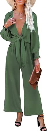 AlvaQ Rompers for Women Dressy Spring Summer Tie Knot Front Sexy V Neck Jumpsuits
