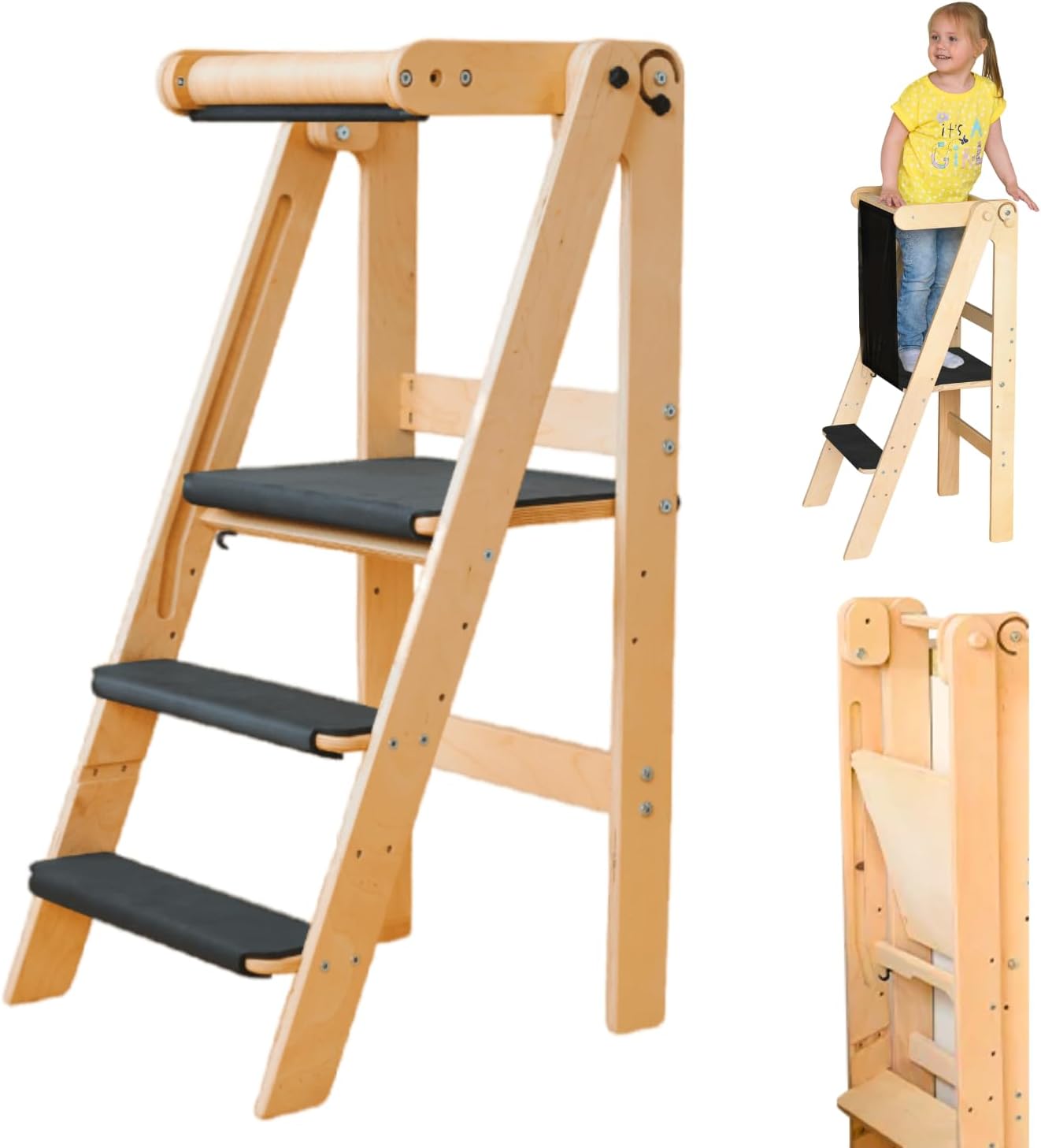Montessori wooden foldable learning tower for children, child tower, adjustable step stool, natural wooden kids furniture, toddler gift, child tower new baby gift (Natural, Full set)