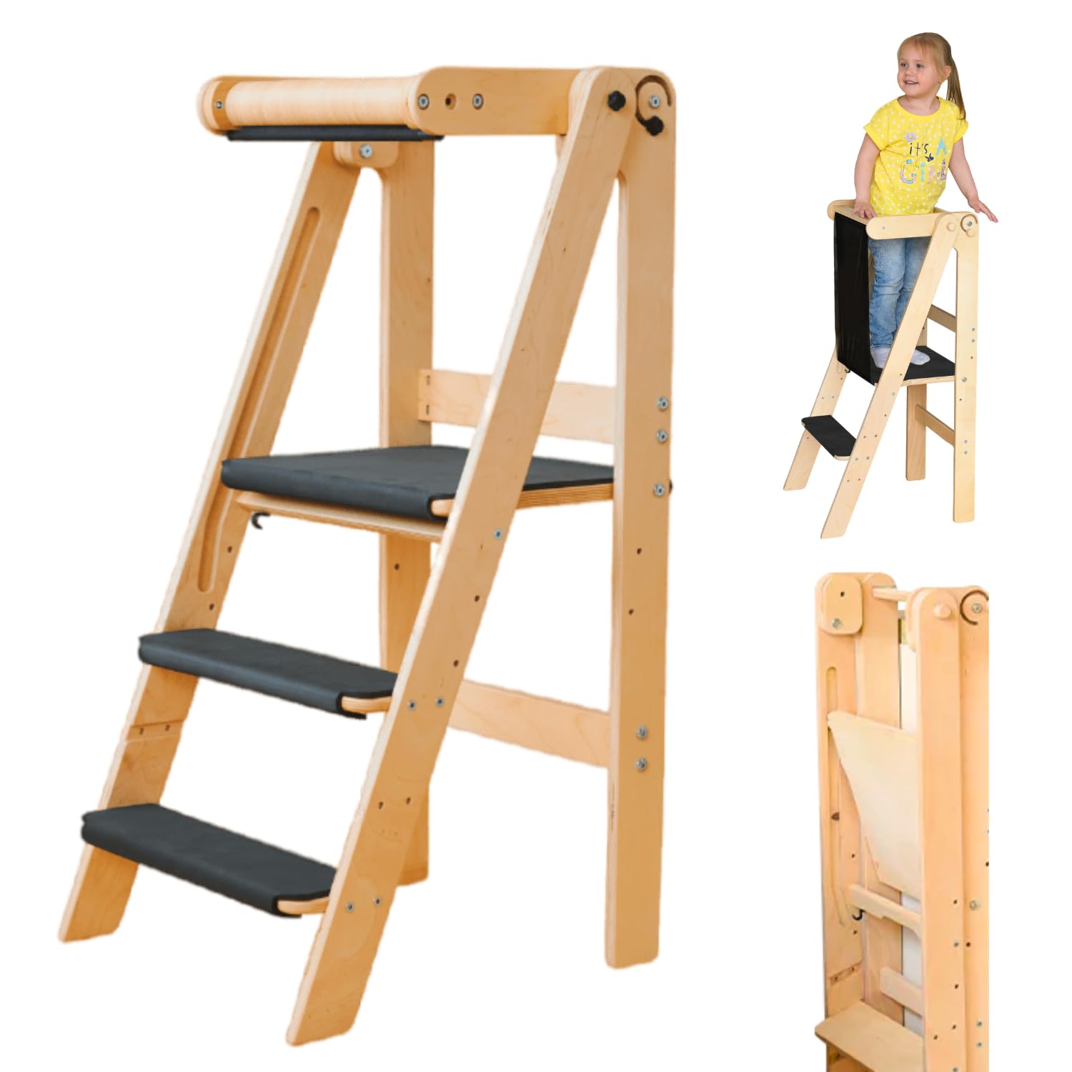 Montessori wooden foldable learning tower for children, child tower, adjustable step stool, natural wooden kids furniture, toddler gift, child tower new baby gift (Natural, Full set)