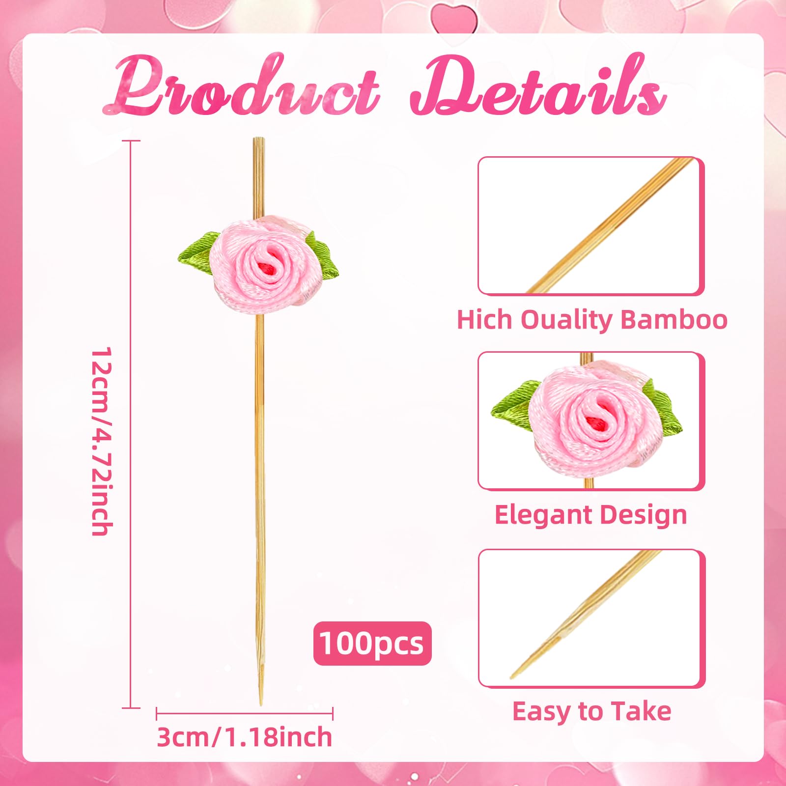 Stuzzicadenti da Cocktail, 100 Pezzi Spiedini da Cocktail Fiore, con Decorazioni Fiore e Foglie Verdi, 12cm, per Estate, Feste di San Valentino, Compleanno e Matrimoni (Rosa)