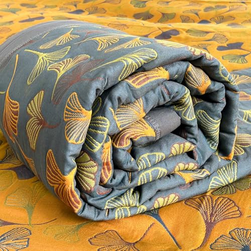 Reversible Ginkgo Quilted Throw Blankets Cotton Muslin Quilted Throw Blankets Soft King Size Throw Blanket Lightweight Breathable Throw Blanket for Couch (59''W*79''L)