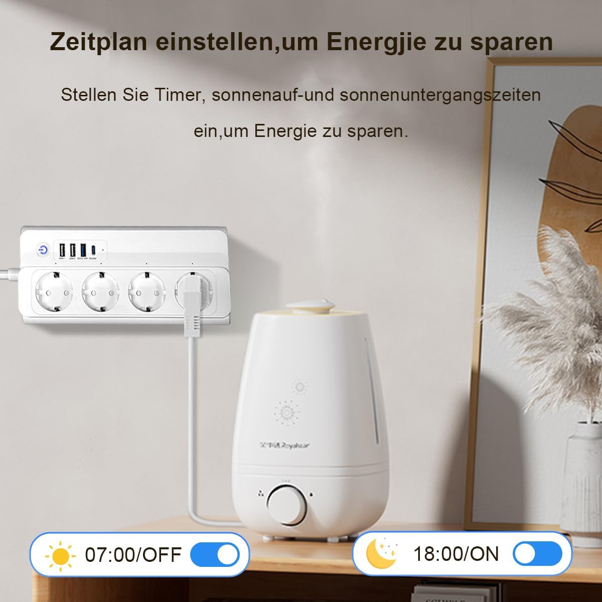 UseeLink Smart Power Strip connected to a humidifier, illustrating the timer function for energy saving with 07:00/OFF and 18:00/ON settings.