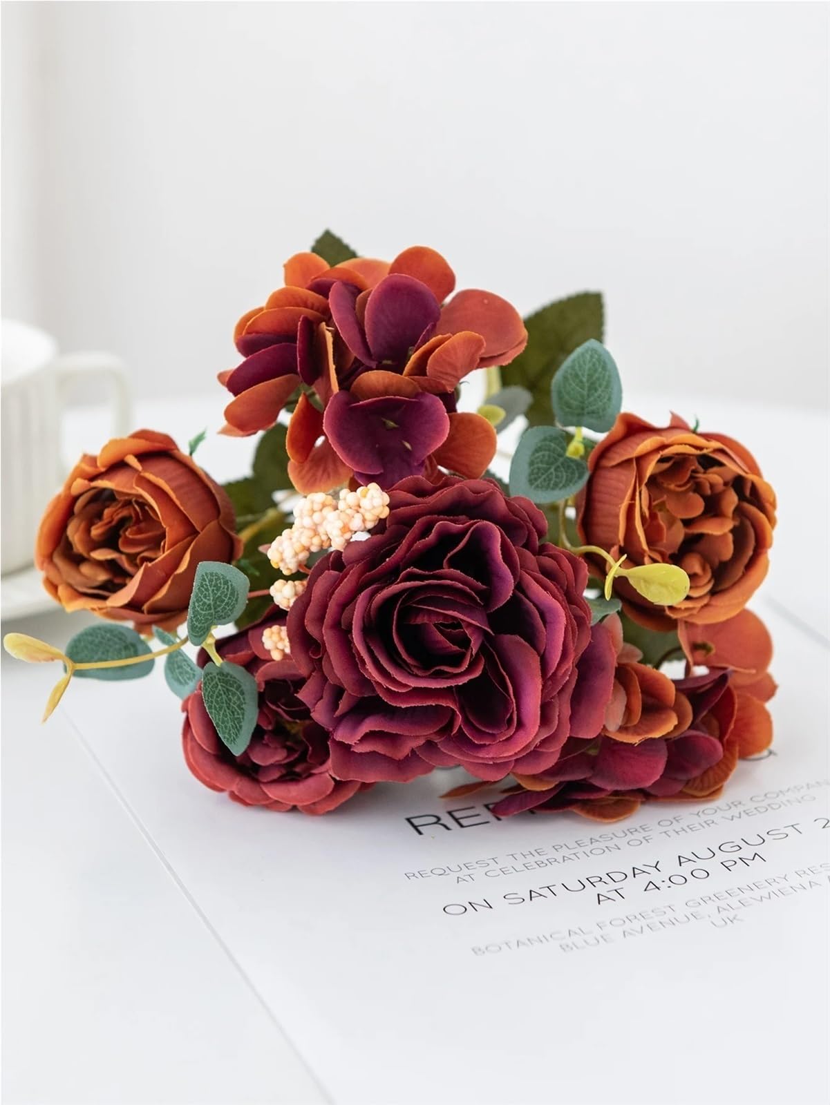 WHMWT 1/4pcs Artificial Flowers Silk Rose Bouquet Hydrangea Peony Bridal Holding Fake Plants Home Room Wedding Decoration Diy Gift Box(Brown,1pc)