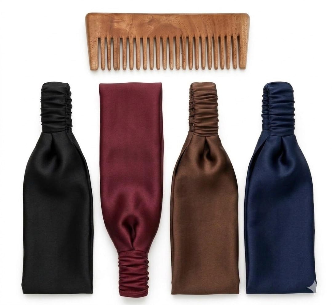 Satin Headbands with Wooden Comb Set | Neem Wood Comb and 4 Hair Bands Black Maroon Brown Navy Blue Combo | Fashion Hair Accessories for Women & Girls | Stylish Headband Set Daily Wear Gift-image-40