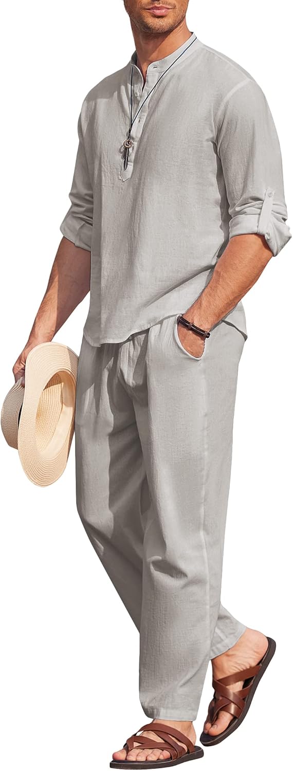 COOFANDY Men's 2 Pieces Cotton Linen Set Long Sleeve Henley Shirts Casual Beach Pants With Pockets Summer Yoga Outfits