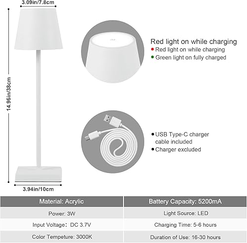 Miniatura 2 de Kelalry - Lámpara de mesa inalámbrica, lámpara de escritorio LED recargable, funciona con batería de 5200 mAh, 3 luces de mesa regulables sin