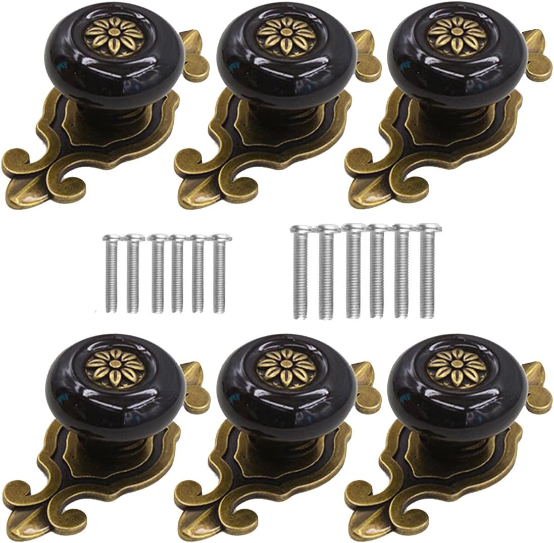 Vintage Ceramic Cabinet Knobs, [6 Pack] Antique Drawer Knobs with Backplate, Black Retro Mushroom Shape Knobs for Cabinets/Dressers/Drawer, Black