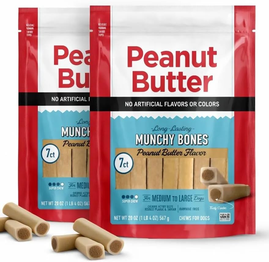 Munchy Bones Peanut Butter Dog Chews - 14 Chews Medium Large Dogs Rawhide Free Long Lasting Durable Highly Digestible Helps Control Plaque Tartar Made in USA Dog Treats All Life Stages Puppy Senior