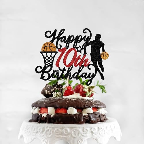 Miniatura 6 de Decoración de pastel de baloncesto de feliz cumpleaños número 10, decoración de pastel de cumpleaños de jugador de baloncesto de 10 años, decoración