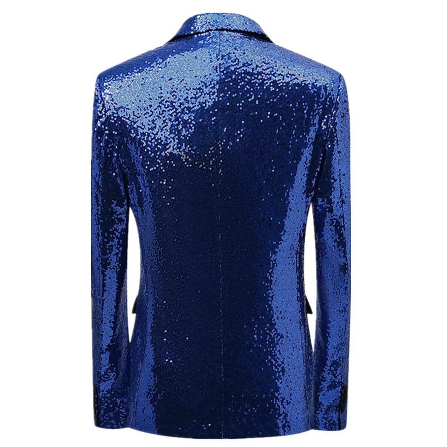 Pohullan Men Two-Piece Suit Sequin Long Sleeve Single Breasted Jacket with Black Pants Wedding Casual Suit Black 4XL3