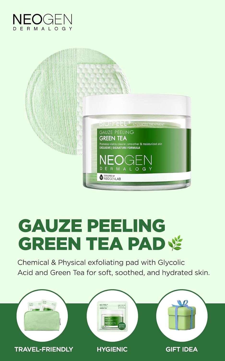 Green Tea Exfoliating Gauze Peeling Pads for All Skin Types