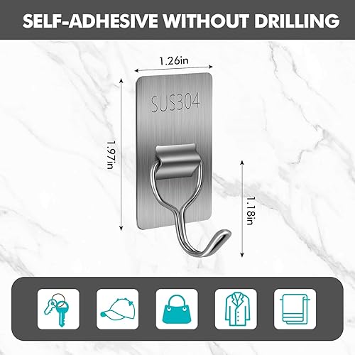 Miniatura 2 de Gancho adhesivo para colgar, ganchos de acero inoxidable de 8 libras, ganchos de pared impermeables para baño, cocina, oficina (paquete de 6)
