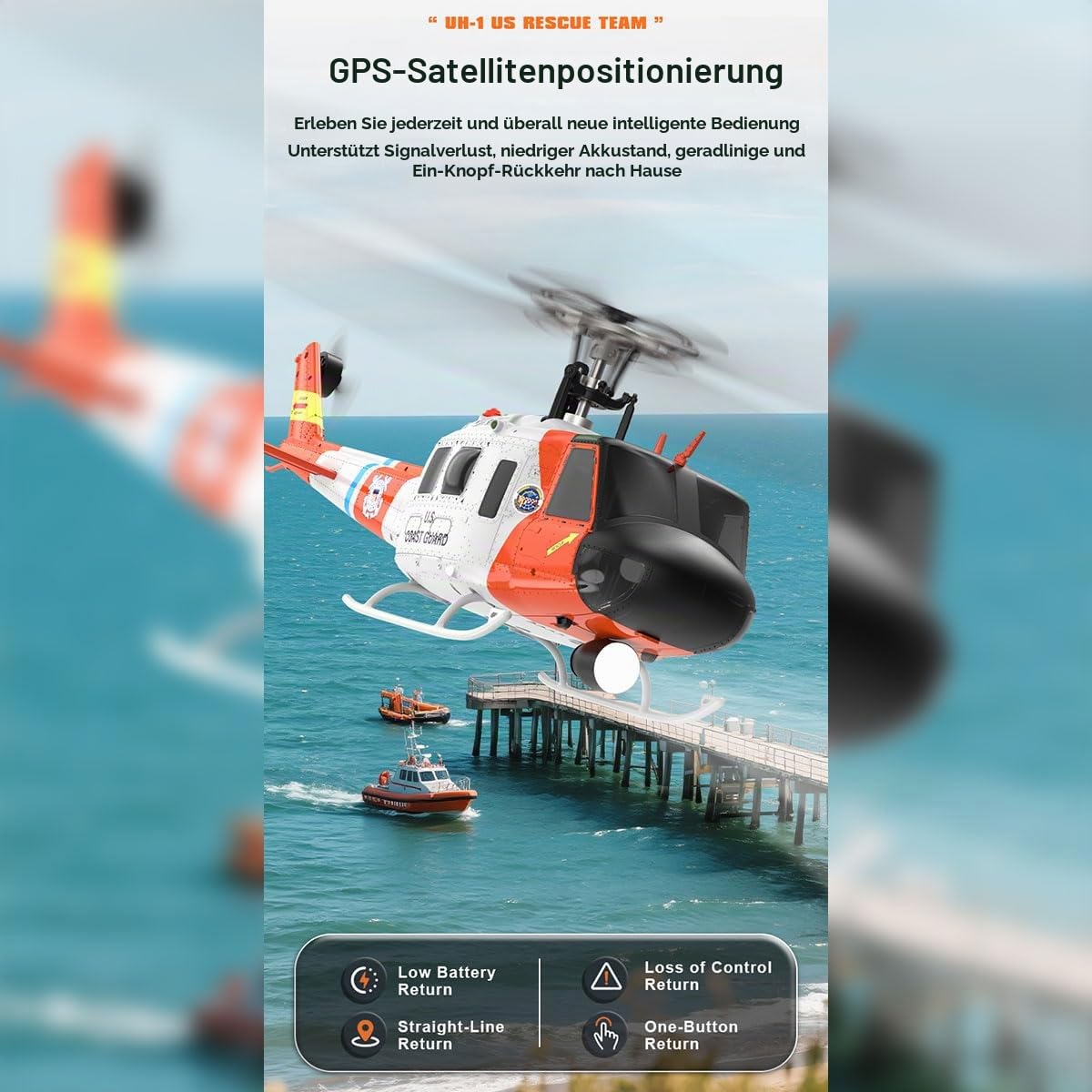 RC Hubschrauber, F07S UH-1 Huey 1/34 Ferngesteuertes Helicopter, 2.4G 6CH Militär Hubschrauber mit GPS Positionierung für Höhenhaltung, Spielzeug Geschenk für Erwachsene - RTF