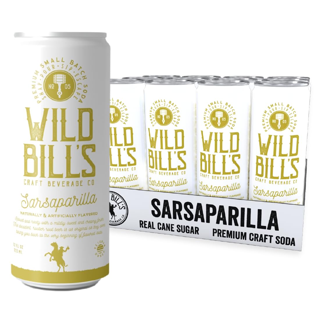 Wild Bill's Sarsaparilla Root Beer Soda Classic Craft Soda Pop Soft Drinks, Sodas Made with Pure Cane Sugar, Caffeine Free, NO High Fructose Corn Syrup, Gluten Free, Vegan, Low Sodium, 12 Oz 12 Pack