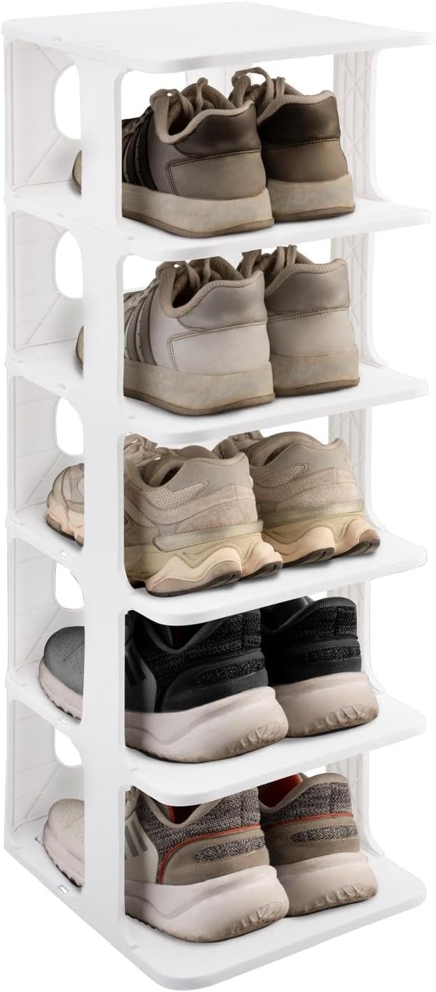 PRADICHI 5-Tier Narrow Shoe Rack, Vertical Shoe Storage Organizer Shelf, Space Saving Shoes Holder Stand for Entryway, Hallway, Bedroom & Closet (White)