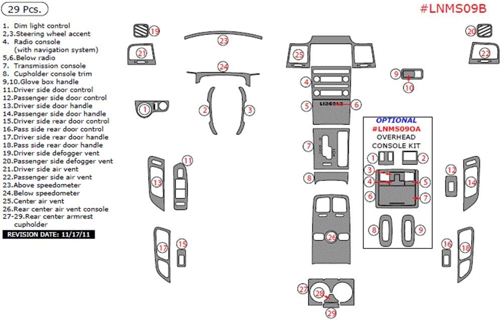 Dash Overlay Kit ITEM LNMS09BRMBW Lincoln MKS, For Models