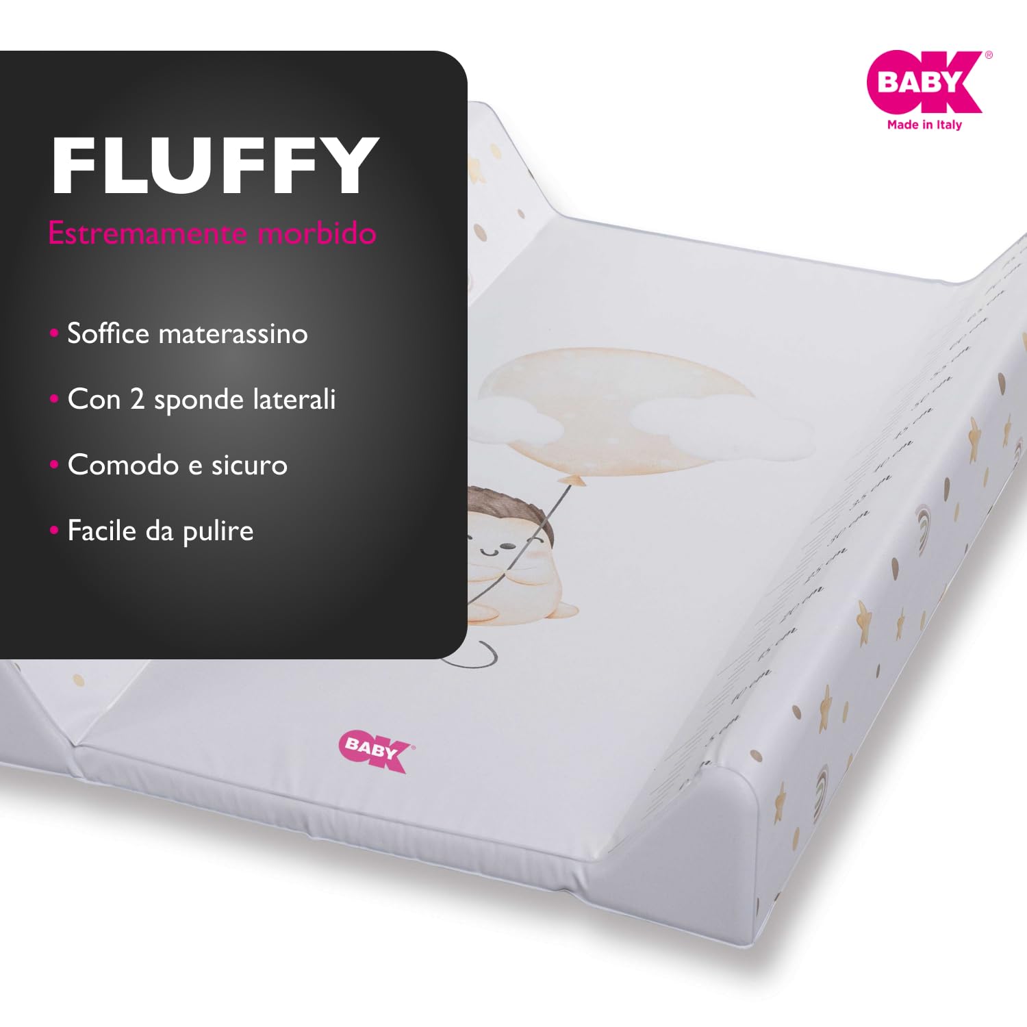 OKBABY Fluffy - Materassino Fasciatoio Soffice e Sicuro con Sponde Laterali, Facile da Pulire, Compatibile con Fasciatoio Woody - 80x50 cm - Bianco