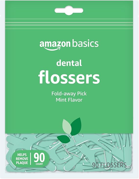 Amazon Basics Mint Dental Flossers, Shred Resistant, Slides Easily Between Teeth, with Fold-Away Pick, 90 Count, 1-Pack (Previously Solimo)