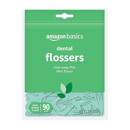 Amazon Basics Mint Dental Flossers, Shred Resistant, Slides Easily Between Teeth, with Fold-Away Pick, 90 Count, 1-Pack (Previously Solimo)