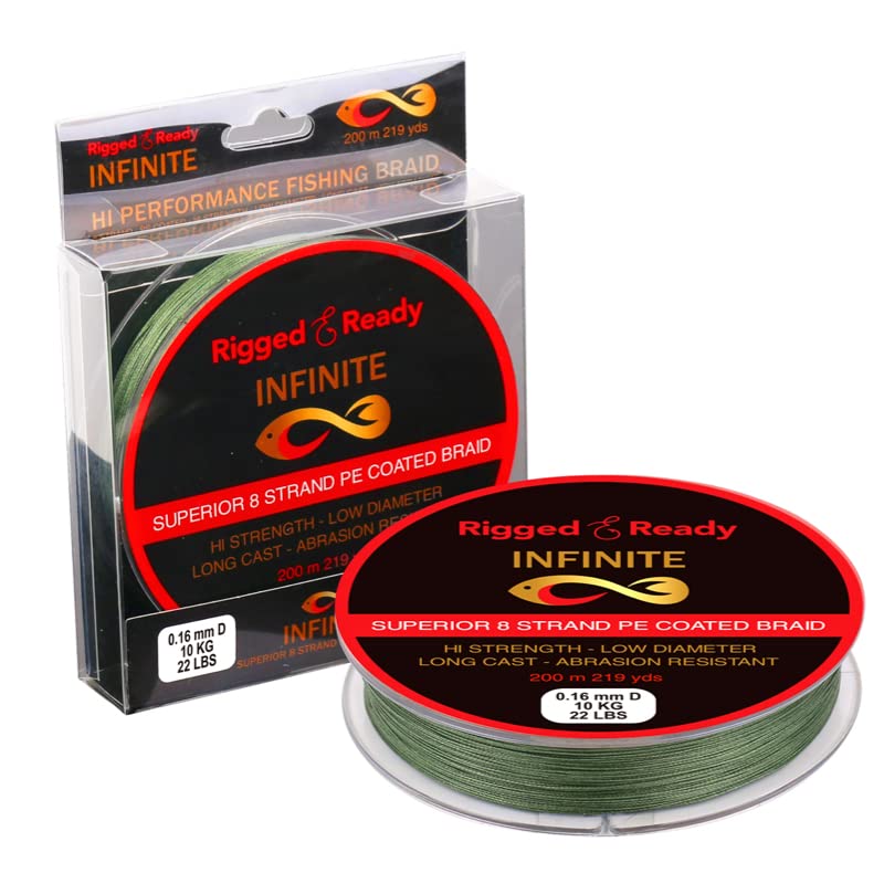 Rigged and Ready Infinite Hi-Performance Fishing Braid 10 to 66lb 4.5 to 30kg PE Coated Line 200m Braided 8 Strand Low Diam No Stretch Long Cast Abrasion Resistant Fast Sink River Lake Sea Fishing